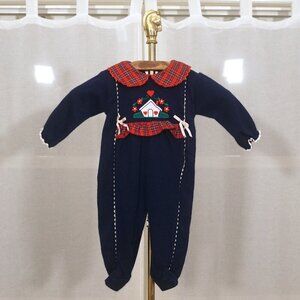 Vintage 90s Girls Navy Blue Red Plaid House Footie Romper